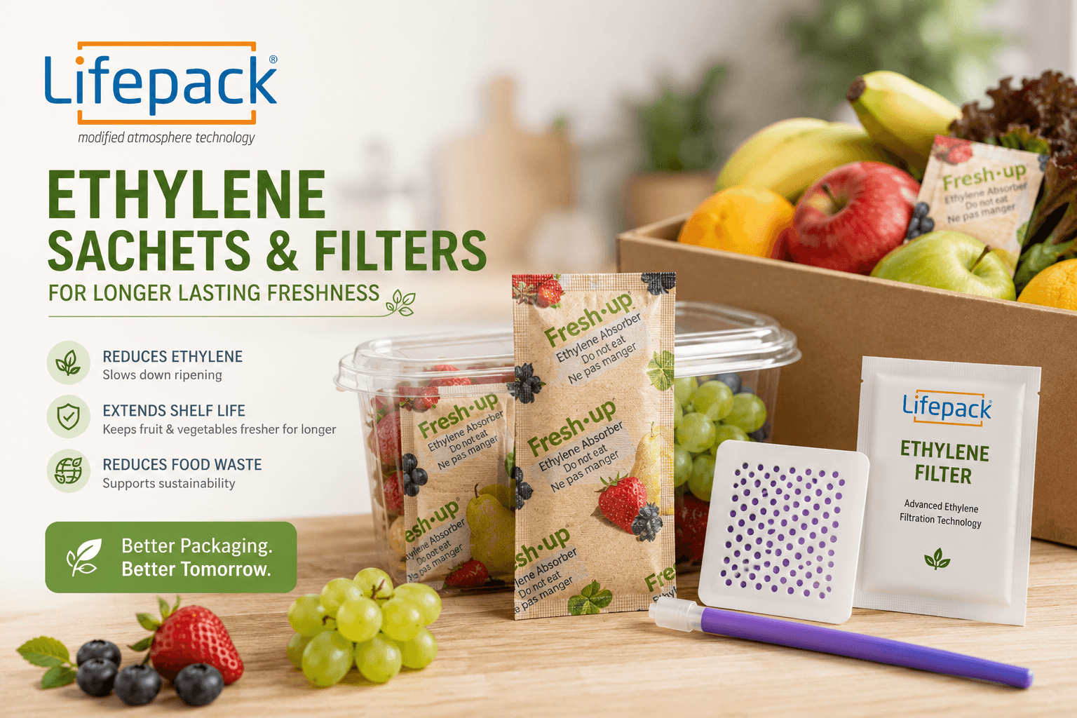 Ethylene sachets and filters for fresh produce shelf-life extension