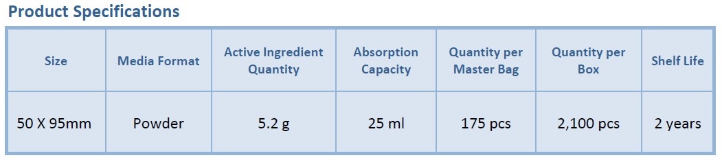 Ethylene sachet product specifications — size, media format, active ingredient quantity, absorption capacity, quantities per master bag and per box, and shelf life